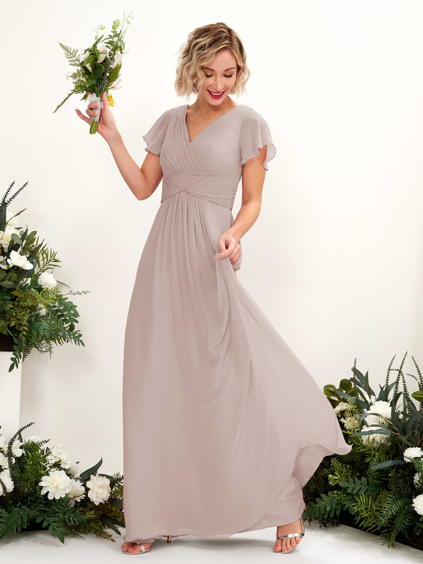 A-line V-neck Cap Sleeves Chiffon Bridesmaid Dress - Taupe (81224324)#color_taupe