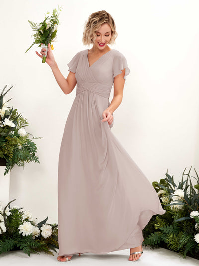 Carlyna Tolly A-Line Taupe Bridesmaid Dress Maxi Cap Sleeve V-Neck Dress #color_taupe