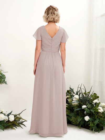 Carlyna Tolly A-Line Taupe Bridesmaid Dress Maxi Cap Sleeve V-Neck Dress #color_taupe