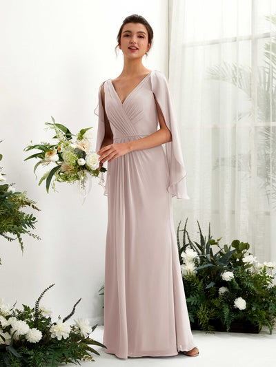 Carlyna Alain A-Line Taupe Bridesmaid Dress Maxi Cap Sleeve V-Neck Dress Front View #color_taupe