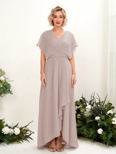 Carlyna Soleil A-Line Taupe Bridesmaid Dress Maxi Short Sleeve V-Neck Dress #color_taupe
