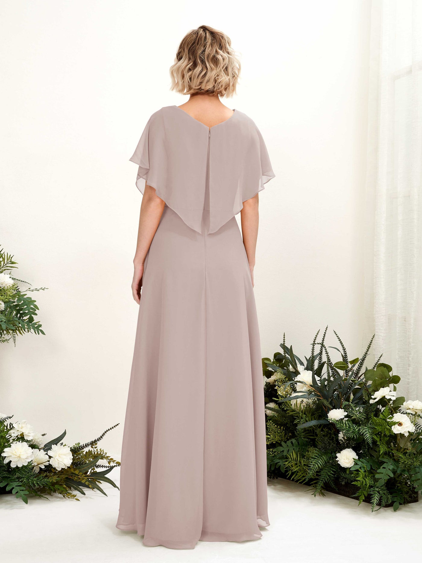 A-line V-neck Short Sleeves Chiffon Bridesmaid Dress - Taupe (81222124)#color_taupe