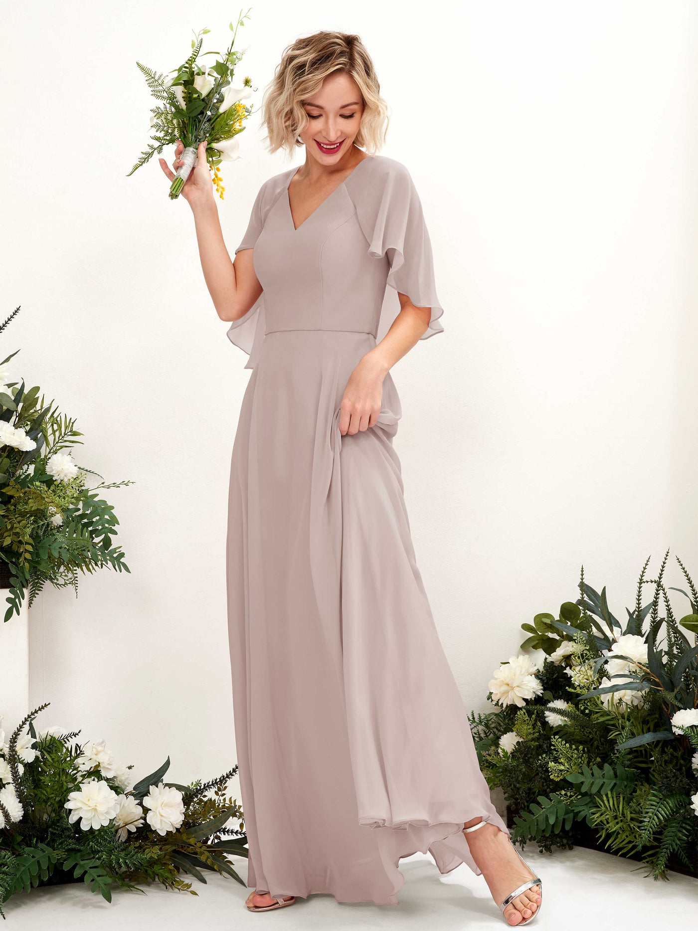 A-line V-neck Short Sleeves Chiffon Bridesmaid Dress - Taupe (81224424)#color_taupe