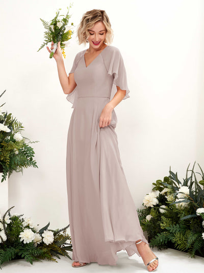 Carlyna Winnie A-Line Taupe Bridesmaid Dress Maxi Short Sleeve V-Neck Dress #color_taupe