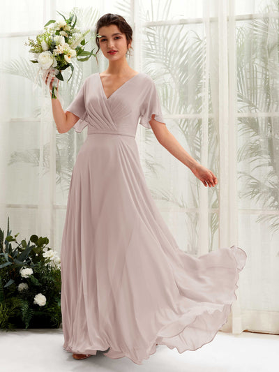 Carlyna Daphne A-Line Taupe Bridesmaid Dress Maxi Short Sleeve V-Neck Dress Front View #color_taupe