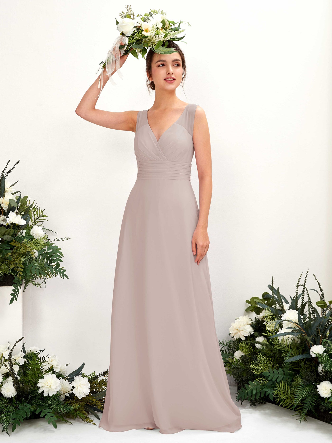 A-line V-neck Sleeveless Chiffon Bridesmaid Dress - Taupe (81220924)#color_taupe