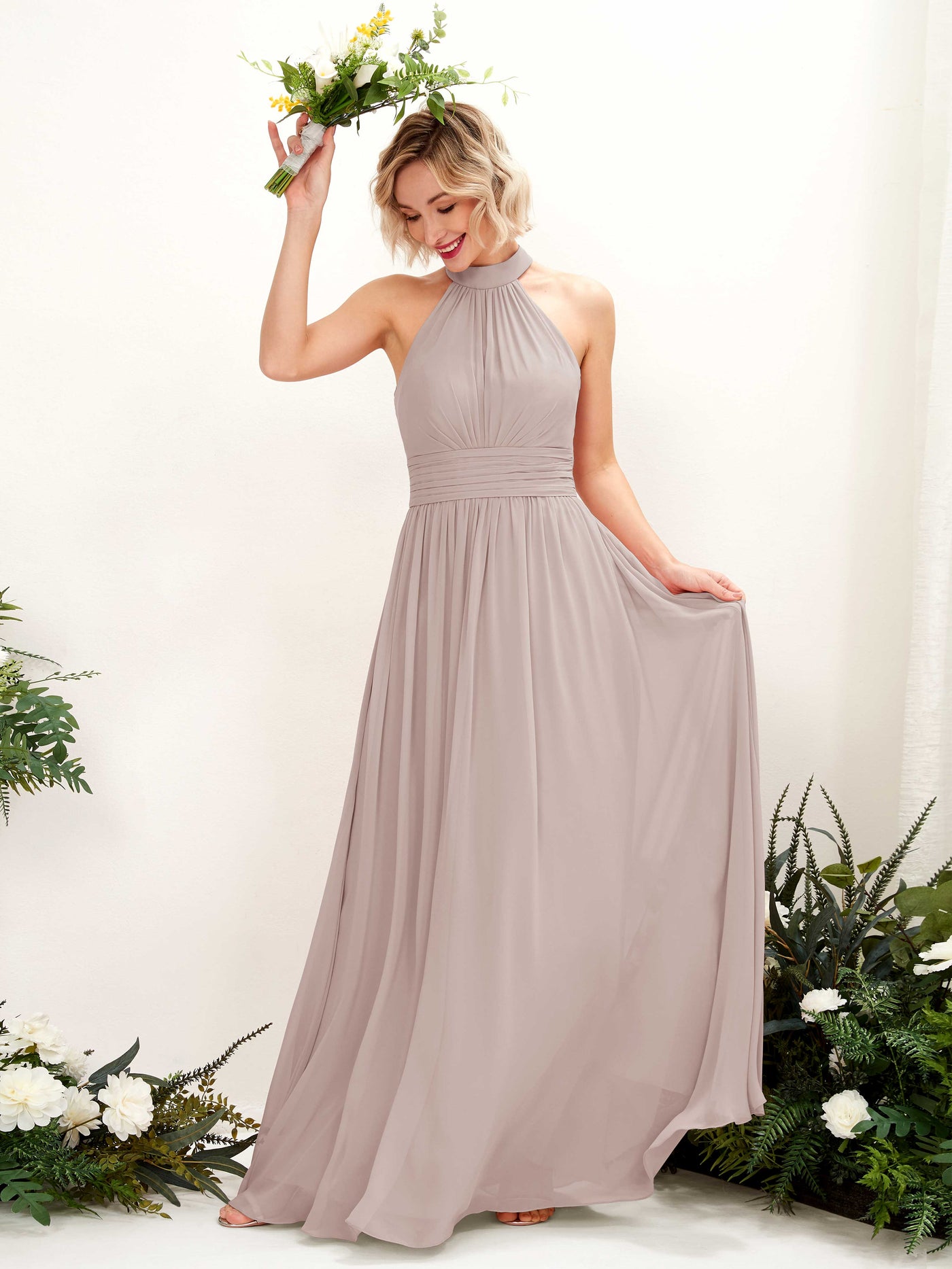 Ball Gown Halter Sleeveless Chiffon Bridesmaid Dress - Taupe (81225324)#color_taupe