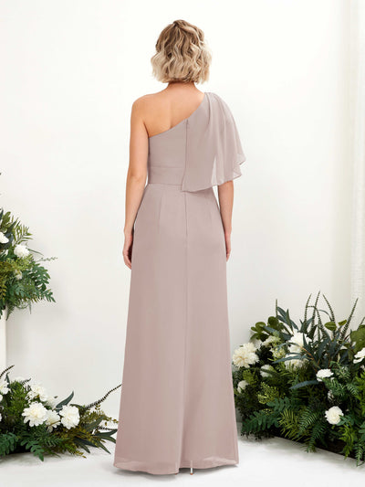 Carlyna Brook A-Line Taupe Bridesmaid Dress Maxi Sleeveless One Shoulder Dress Back View #color_taupe