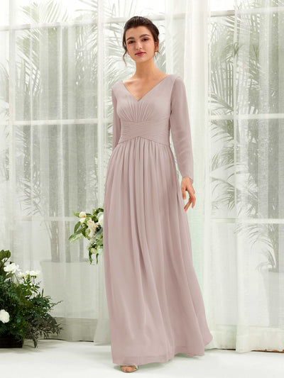 Carlyna Coline A-Line Taupe Bridesmaid Dress Maxi Long Sleeve V-Neck Front View #color_taupe