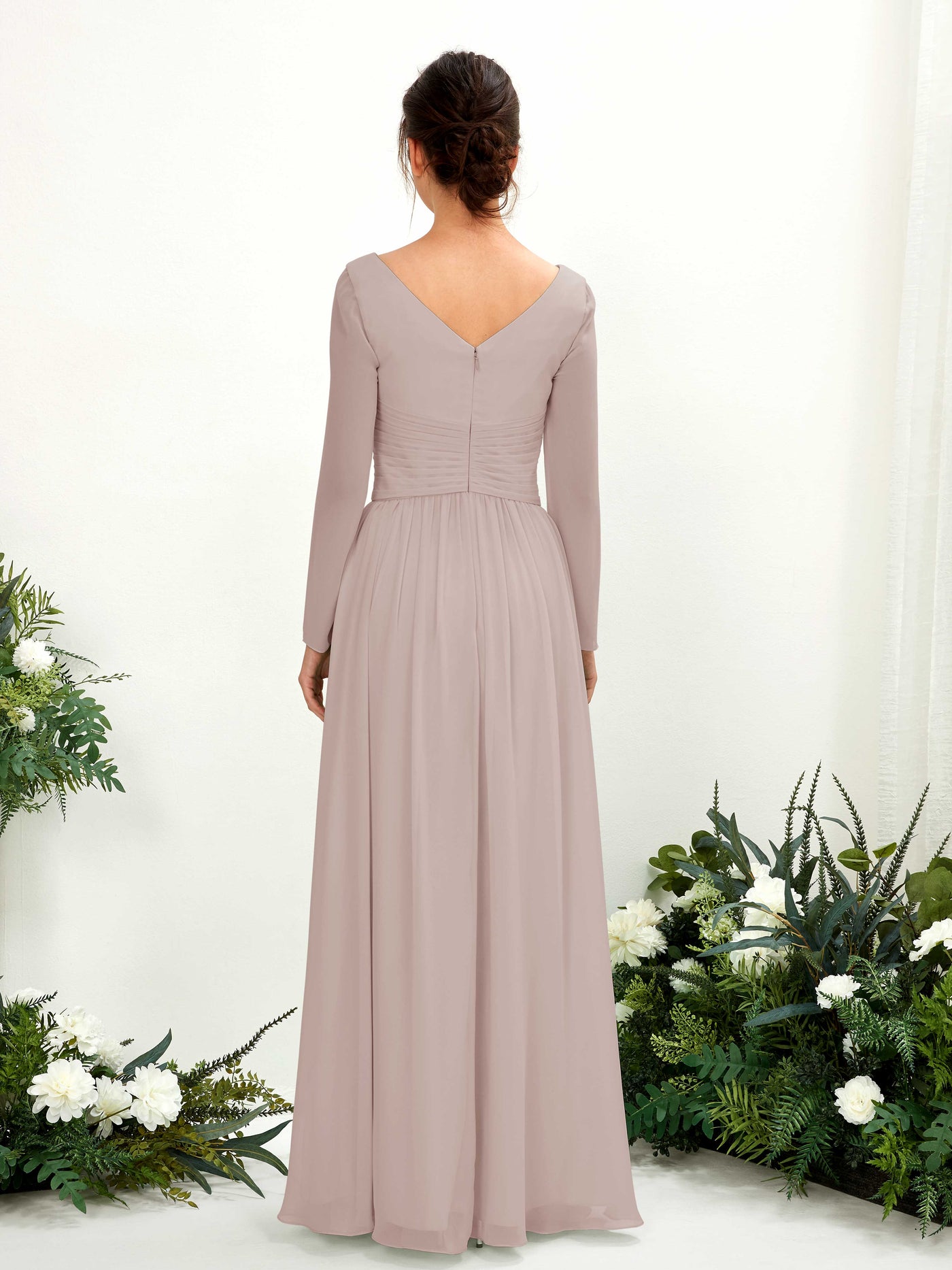 Ball Gown V-neck Long Sleeves Chiffon Bridesmaid Dress - Taupe (81220324)#color_taupe