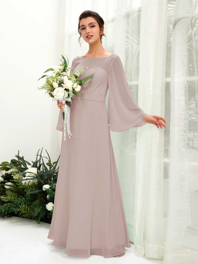 Carlyna Elie A-Line Taupe Bridesmaid Dress Maxi Long Sleeve Boat Neck Front View #color_taupe