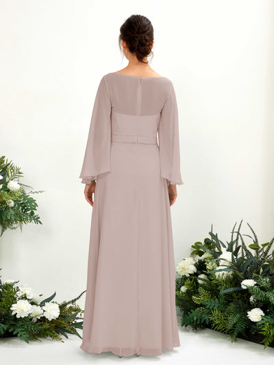 Carlyna Elie A-Line Taupe Bridesmaid Dress Maxi Long Sleeve Boat Neck Back View #color_taupe