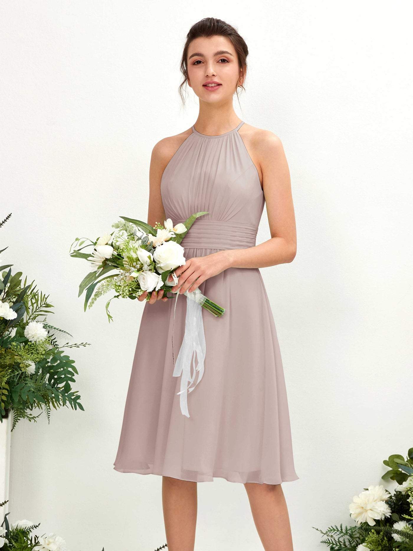 Halter Sleeveless Chiffon Bridesmaid Dress - Taupe (81220124)#color_taupe