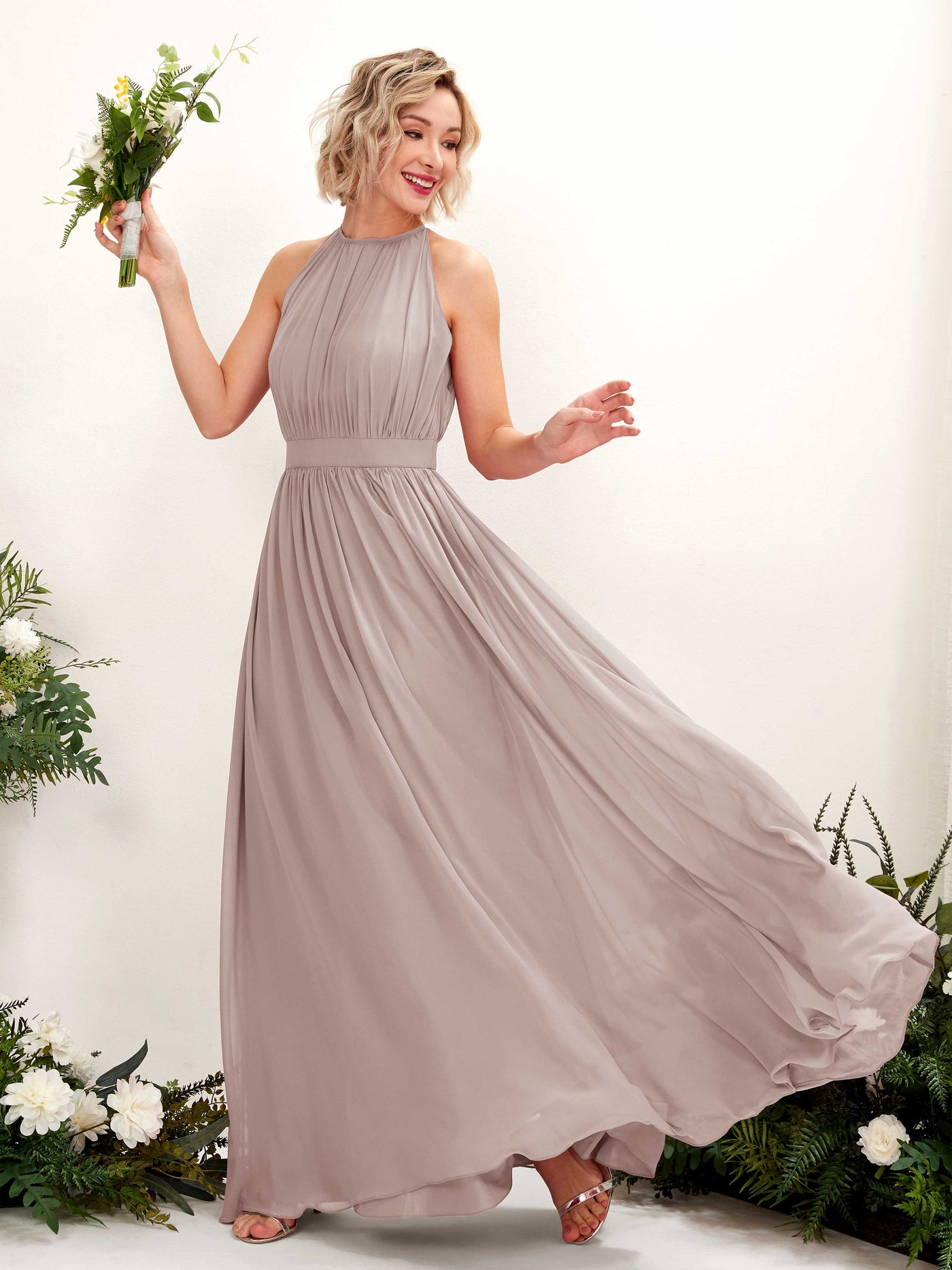 Halter Sleeveless Chiffon Bridesmaid Dress - Taupe (81223124)#color_taupe