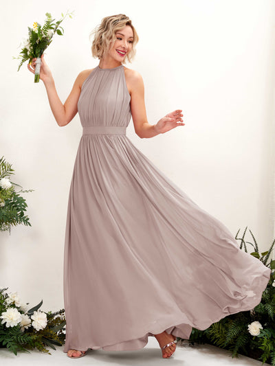 Carlyna Eden A-Line Taupe Bridesmaid Dress Maxi Sleeveless Round Neck Dress Front View #color_taupe