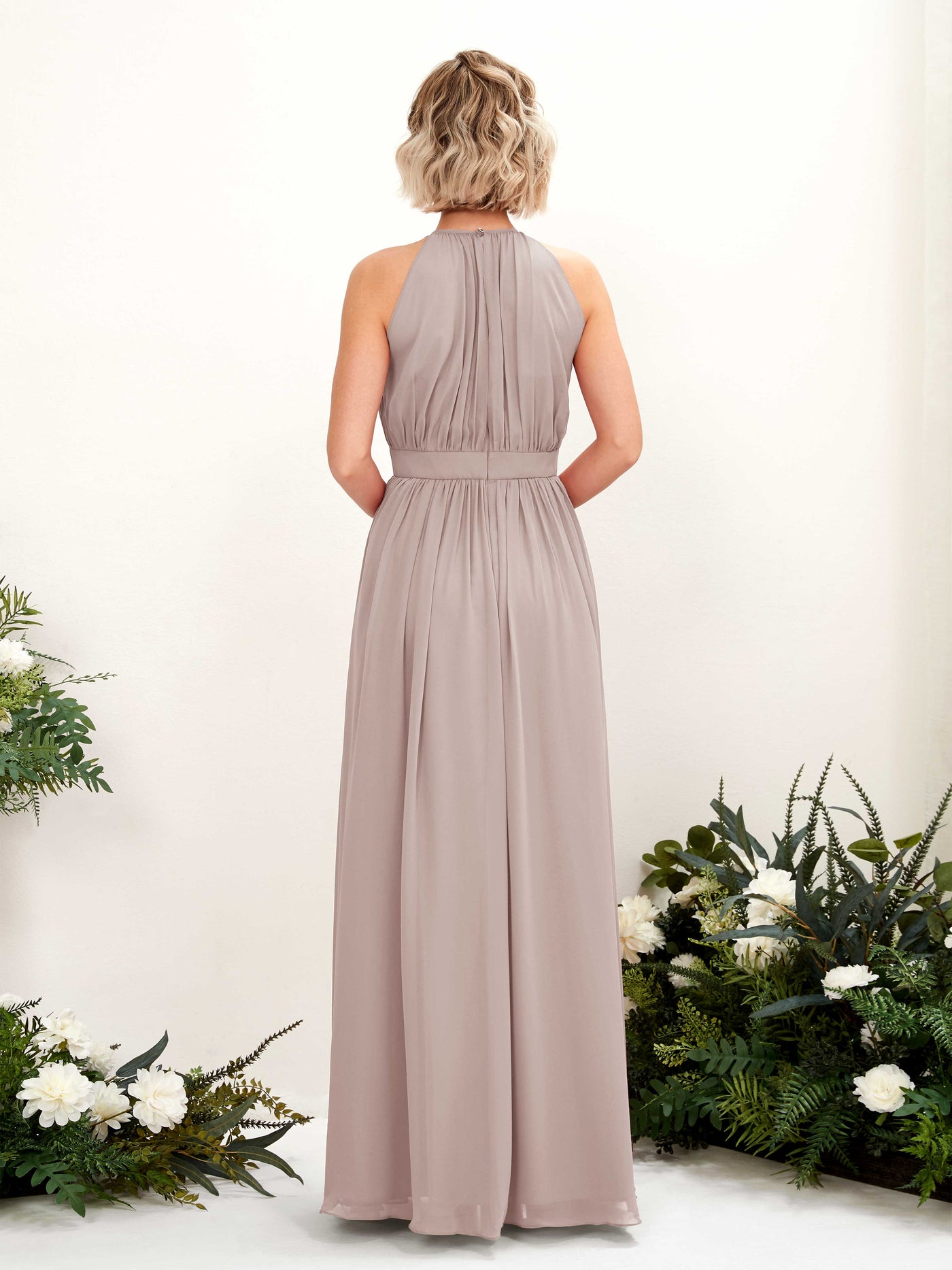 Halter Sleeveless Chiffon Bridesmaid Dress - Taupe (81223124)#color_taupe