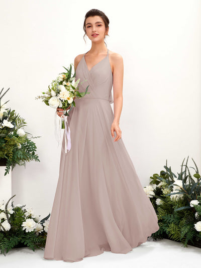 Carlyna Launo A-Line Taupe Bridesmaid Dress Maxi Sleeveless V-Neck Dress #color_taupe