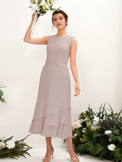 Carlyna Raina Mermaid Taupe Bridesmaid Dress Midi Sleeveless Round Neck Dress #color_taupe