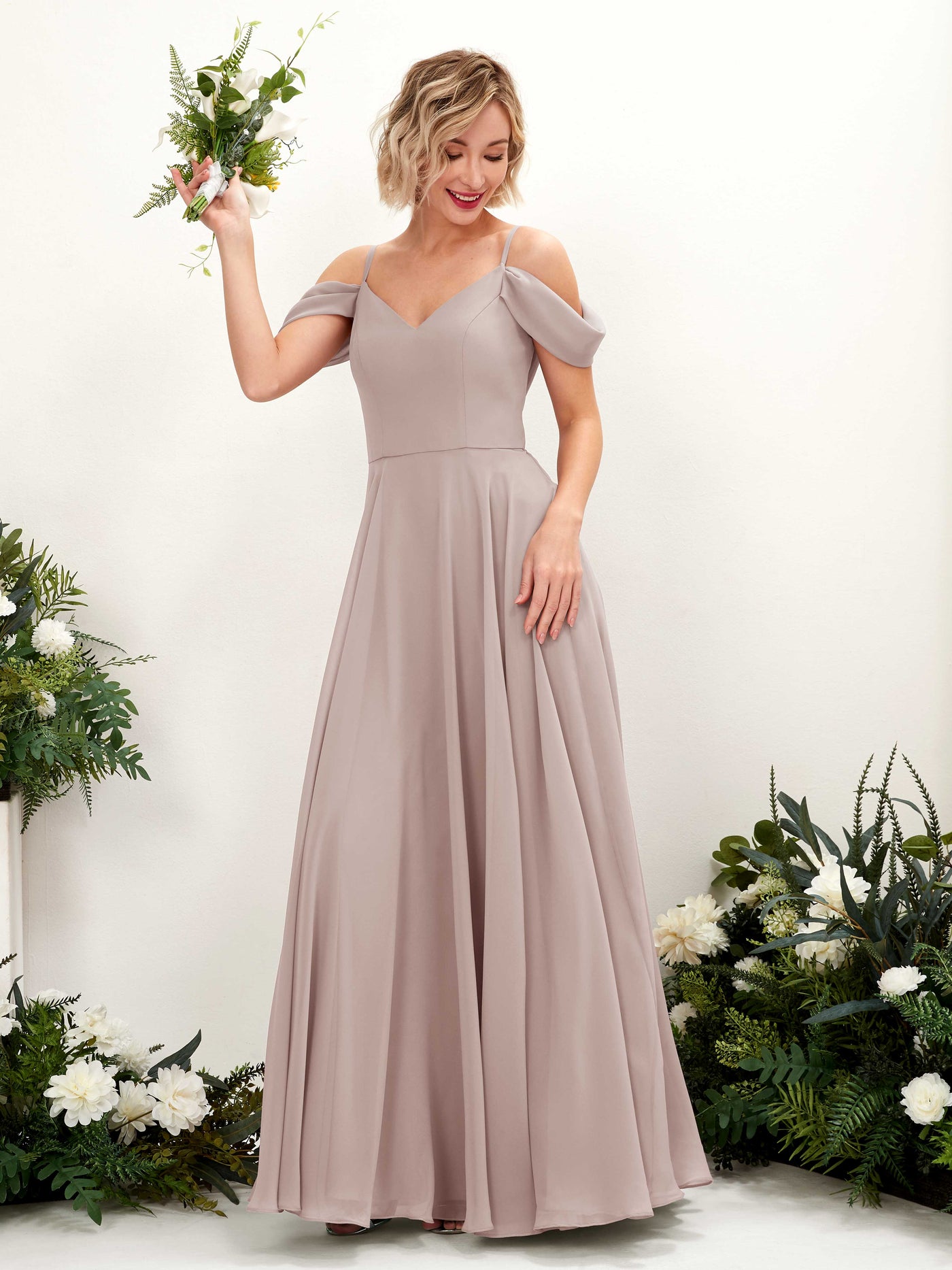 Off Shoulder Straps V-neck Sleeveless Chiffon Bridesmaid Dress - Taupe (81224924)#color_taupe