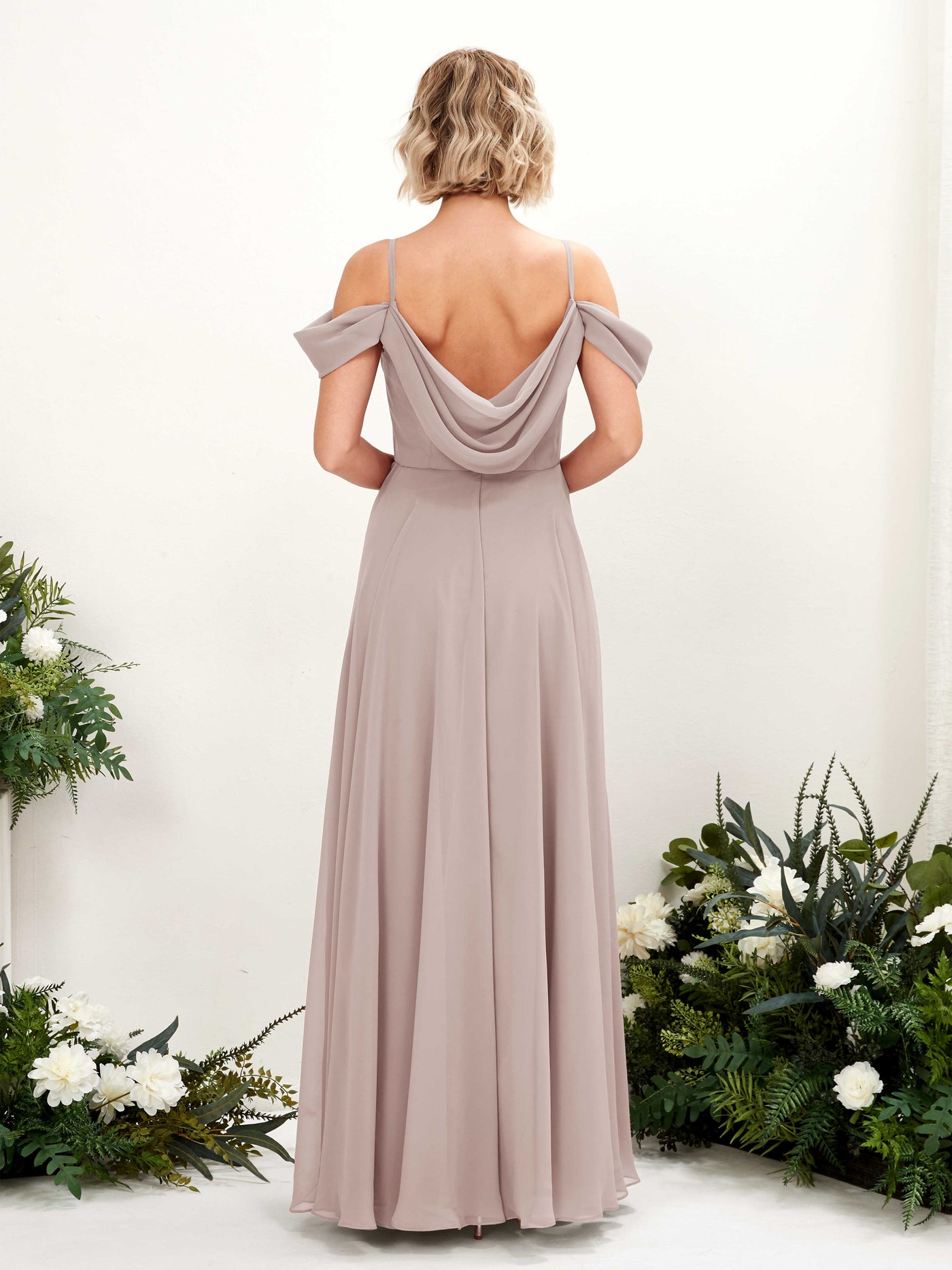 Off Shoulder Straps V-neck Sleeveless Chiffon Bridesmaid Dress - Taupe (81224924)#color_taupe