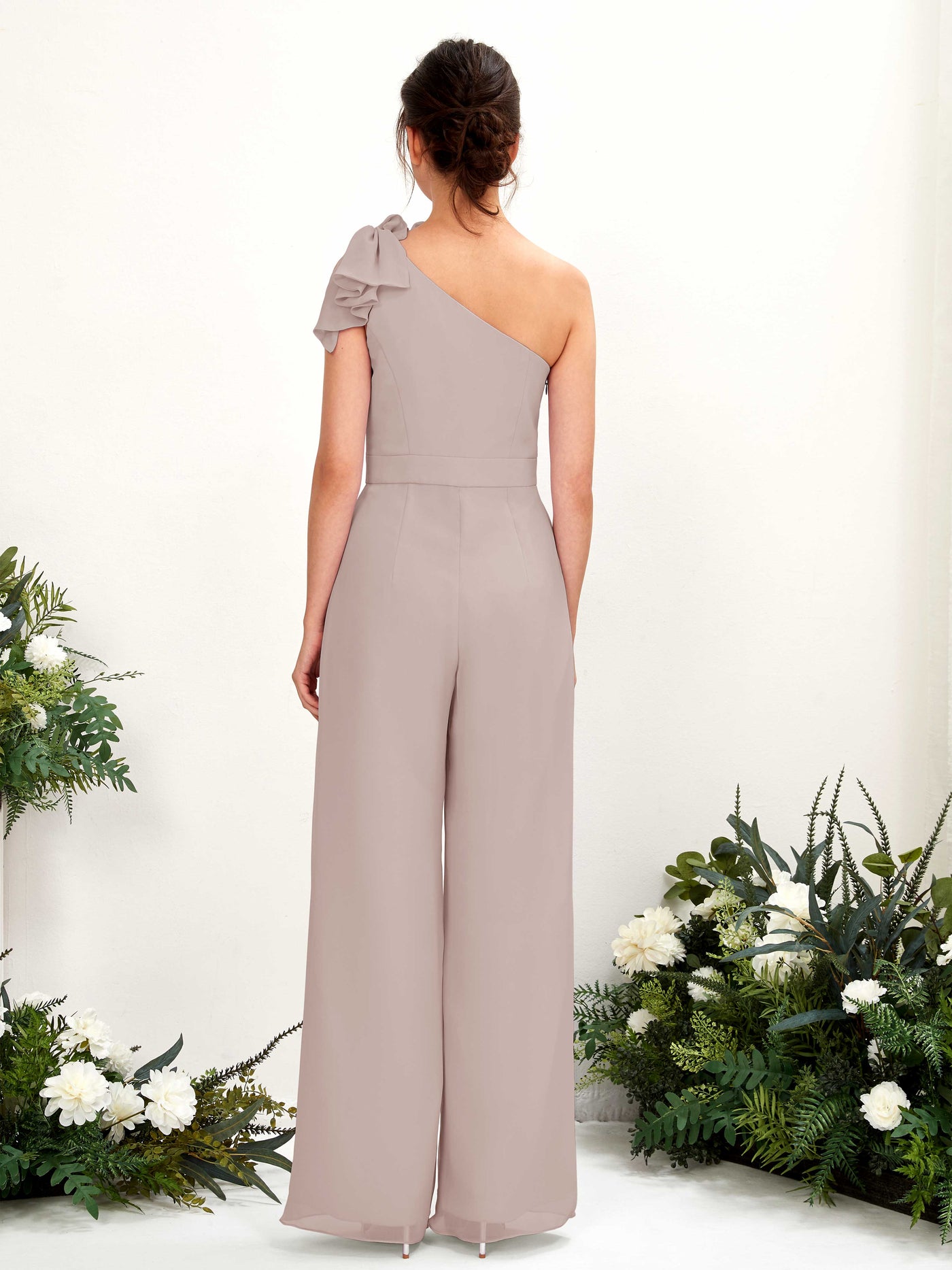 One Shoulder Sleeveless Chiffon Bridesmaid Wide-Leg Jumpsuit - Taupe (81220824)#color_taupe