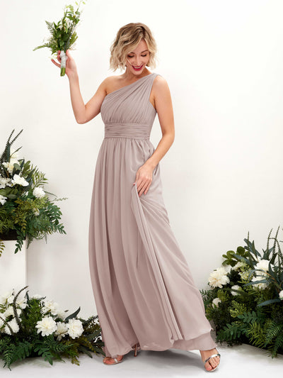 Carlyna Flaze A-Line Taupe Bridesmaid Dress Maxi Sleeveless One Shoulder Dress Front View #color_taupe