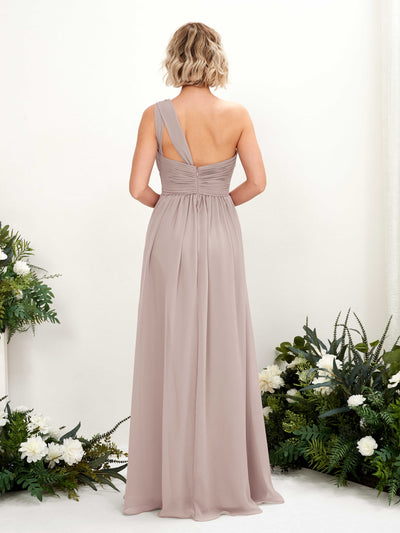 Carlyna Flaze A-Line Taupe Bridesmaid Dress Maxi Sleeveless One Shoulder Dress Back View #color_taupe