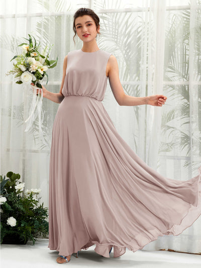 Carlyna Alma A-Line Taupe Bridesmaid Dress Maxi Sleeveless Round Neck Dress Front View #color_taupe