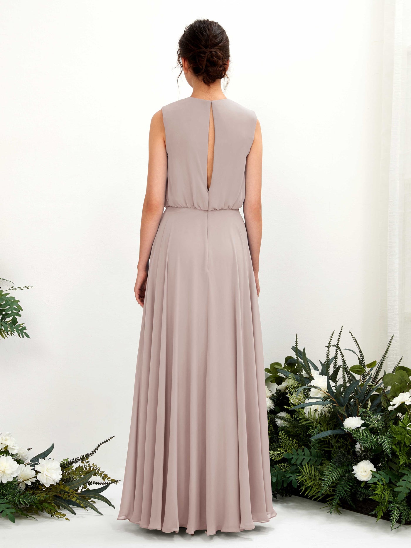 Round Sleeveless Chiffon Bridesmaid Dress - Taupe (81222824)#color_taupe