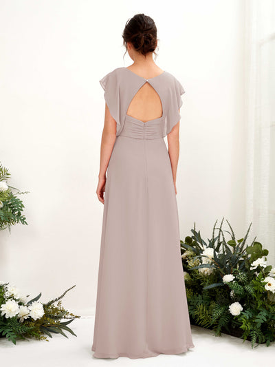 Carlyna Annie A-Line Taupe Bridesmaid Dress Maxi Cap Sleeve V-Neck Dress Back View #color_taupe
