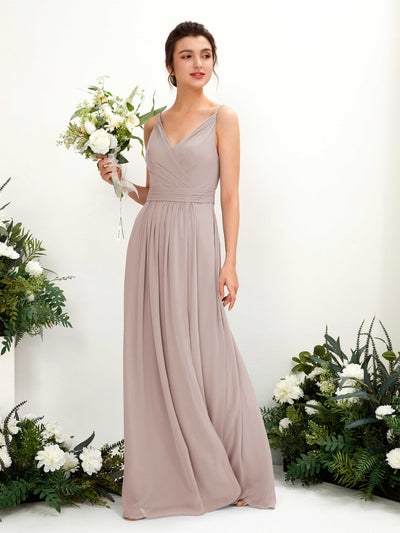 Carlyna Dira A-Line Taupe Bridesmaid Dress Maxi Sleeveless V-Neck Dress Front View #color_taupe