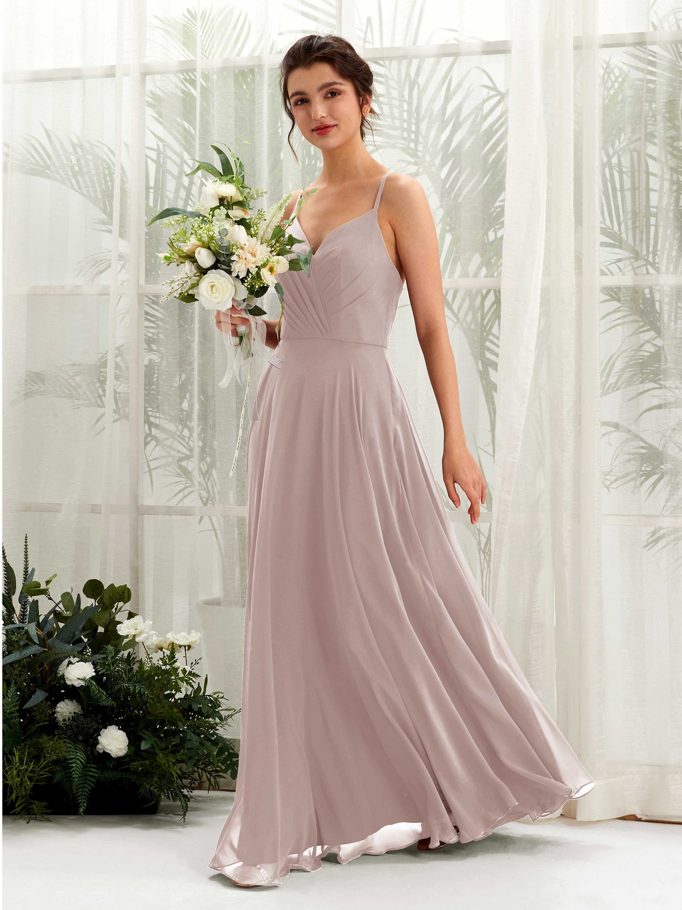 Spaghetti-straps V-neck Sleeveless Bridesmaid Dress - Taupe (81224224)#color_taupe