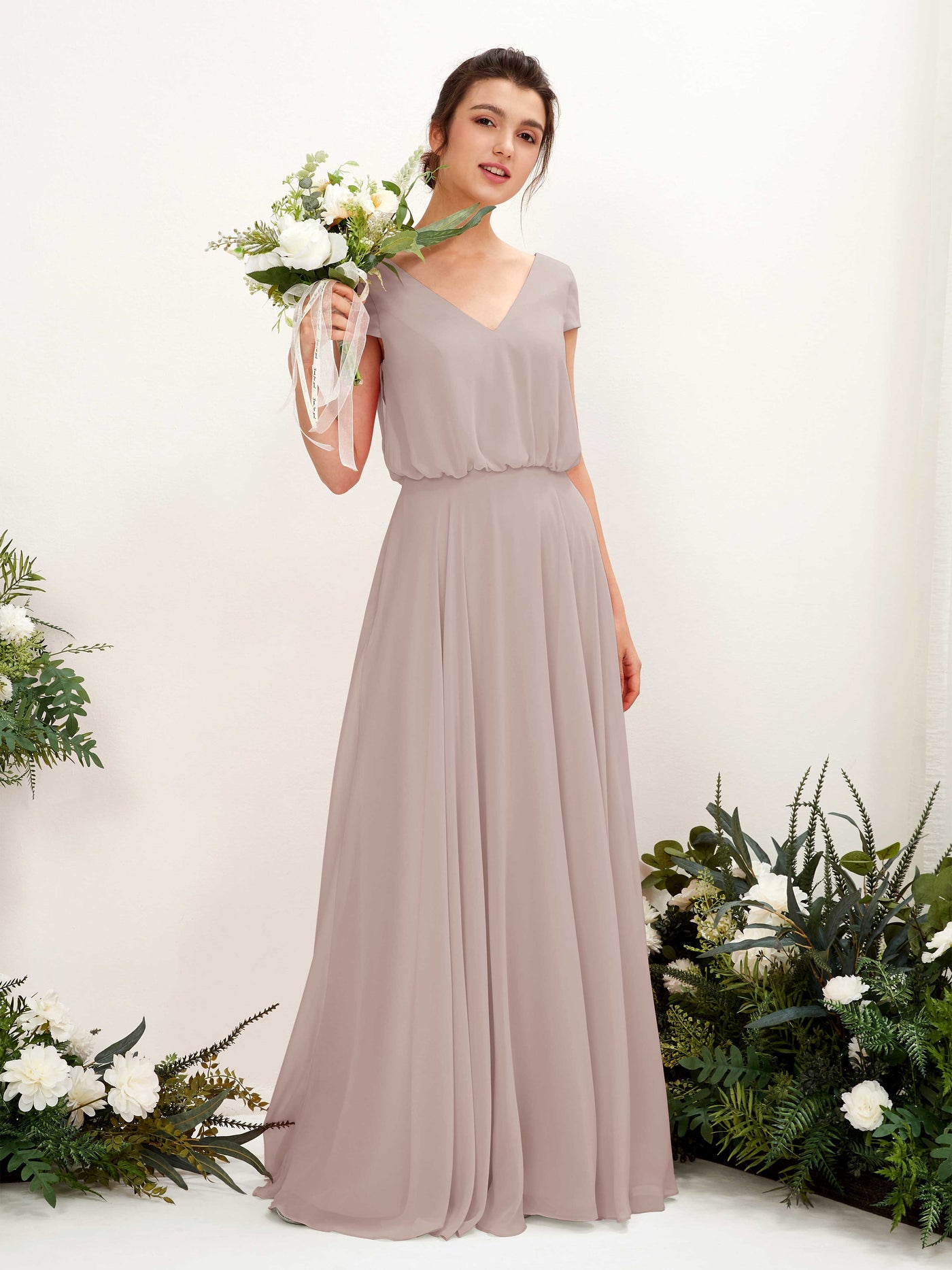 V-neck Cap Sleeves Chiffon Bridesmaid Dress - Taupe (81221824)#color_taupe