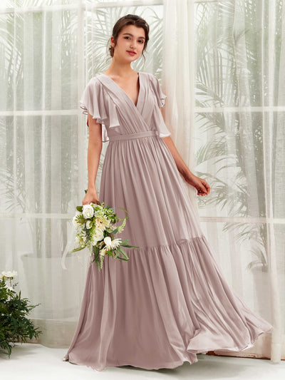 Carlyna Chaya A-Line Taupe Bridesmaid Dress Maxi Cap Sleeve V-Neck Dress Front View #color_taupe