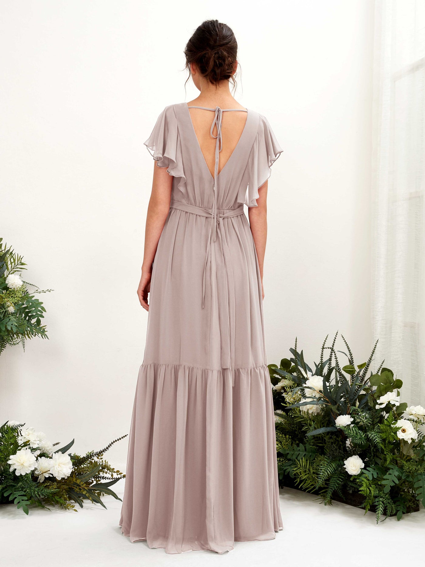 V-neck Cap Sleeves Chiffon Bridesmaid Dress - Taupe (81225924)#color_taupe
