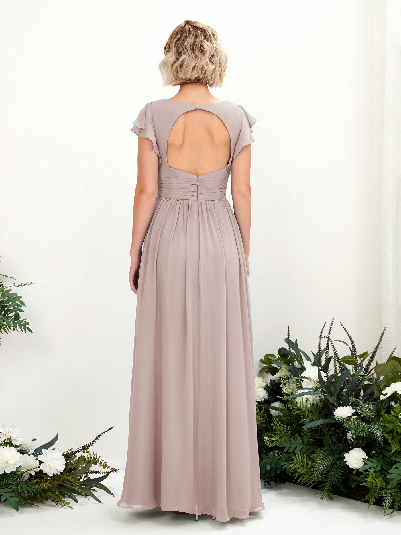 V-neck Short Sleeves Chiffon Bridesmaid Dress - Taupe (81222724)#color_taupe