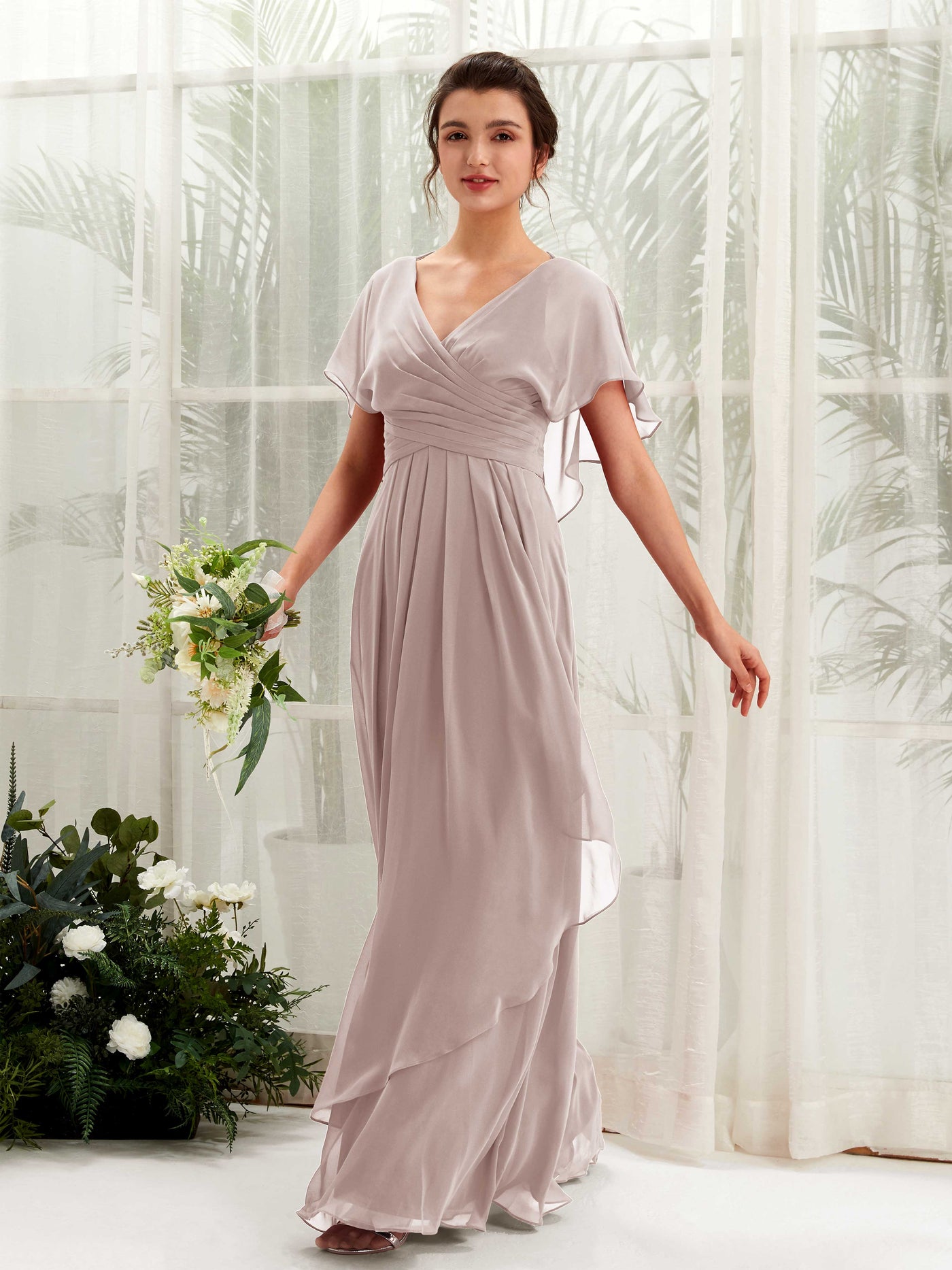 V-neck Short Sleeves Chiffon Bridesmaid Dress - Taupe (81226124)#color_taupe