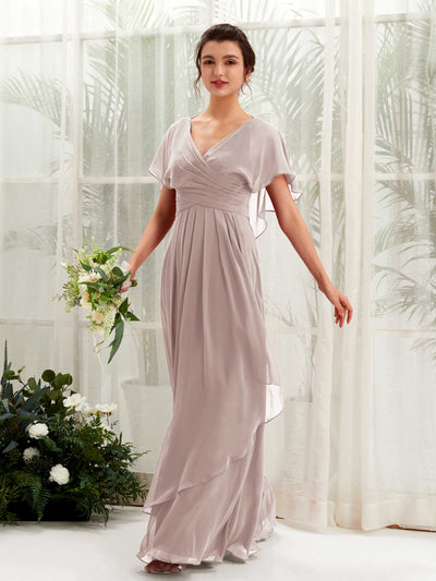 Carlyna Darlene A-Line Taupe Bridesmaid Dress Maxi Short Sleeve V-Neck Dress Front View #color_taupe
