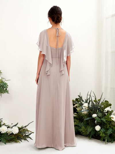 Carlyna Darlene A-Line Taupe Bridesmaid Dress Maxi Short Sleeve V-Neck Dress Back View #color_taupe