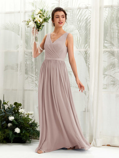 Carlyna Barbara A-Line Taupe Bridesmaid Dress Maxi Sleeveless V-Neck Dress Front View #color_taupe