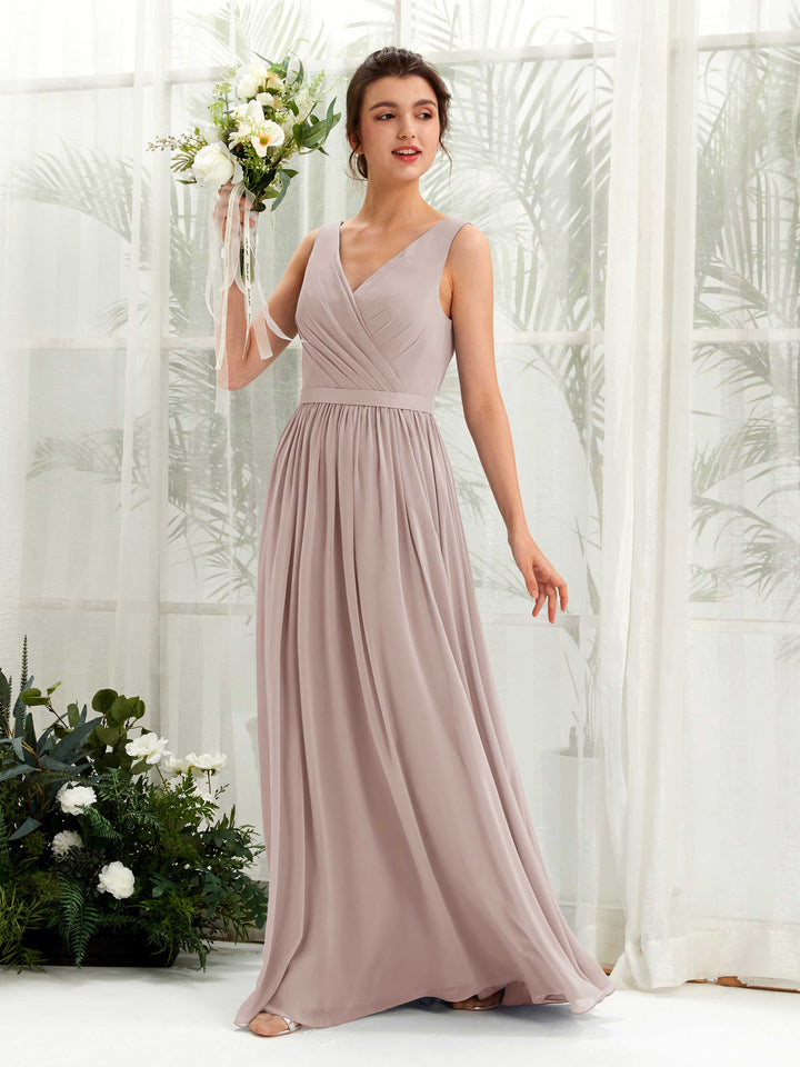 V-neck Sleeveless Chiffon Bridesmaid Dress - Taupe (81223624)
