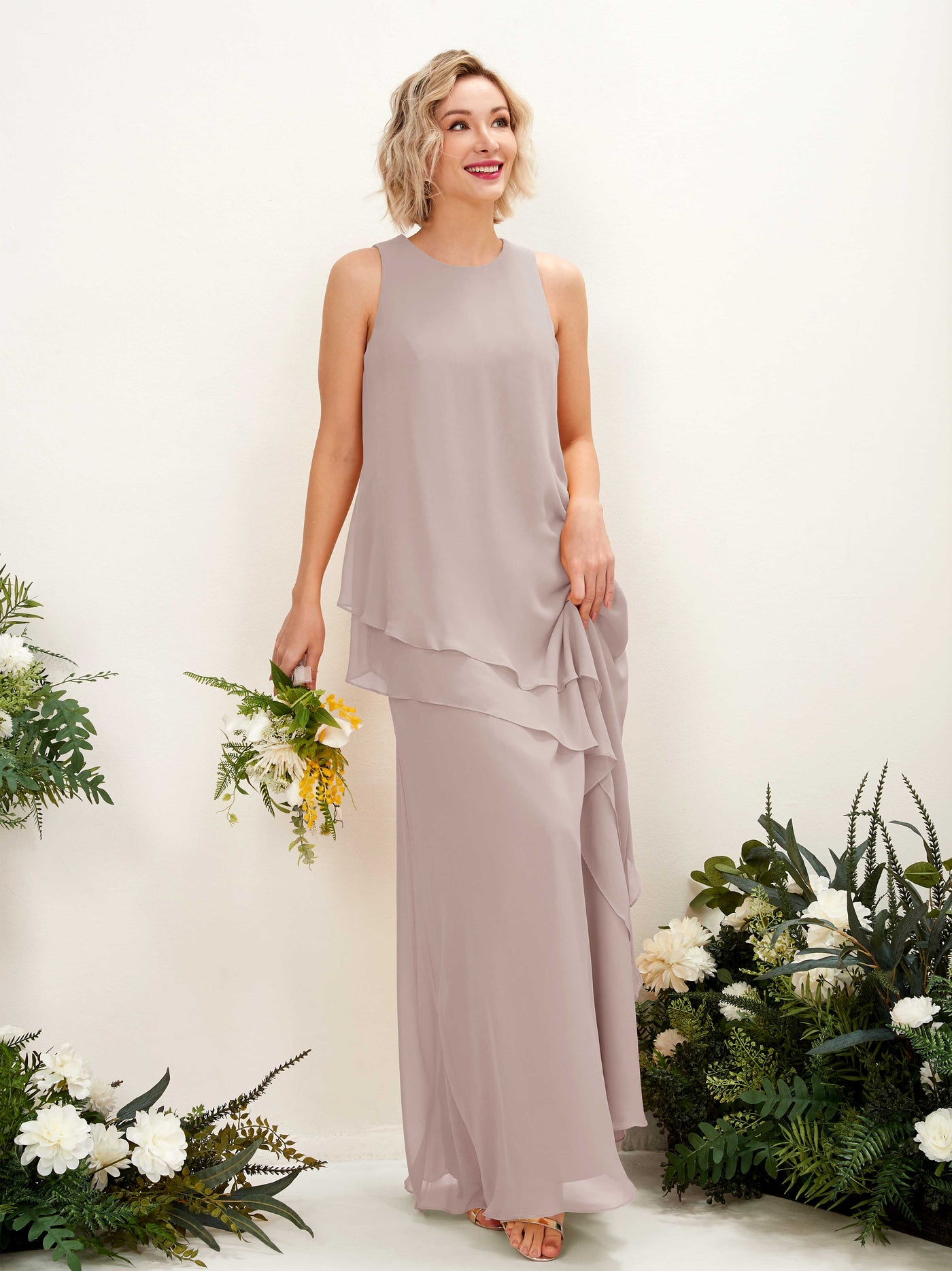 Round Sleeveless Chiffon Bridesmaid Dress - Taupe (81222324)#color_taupe