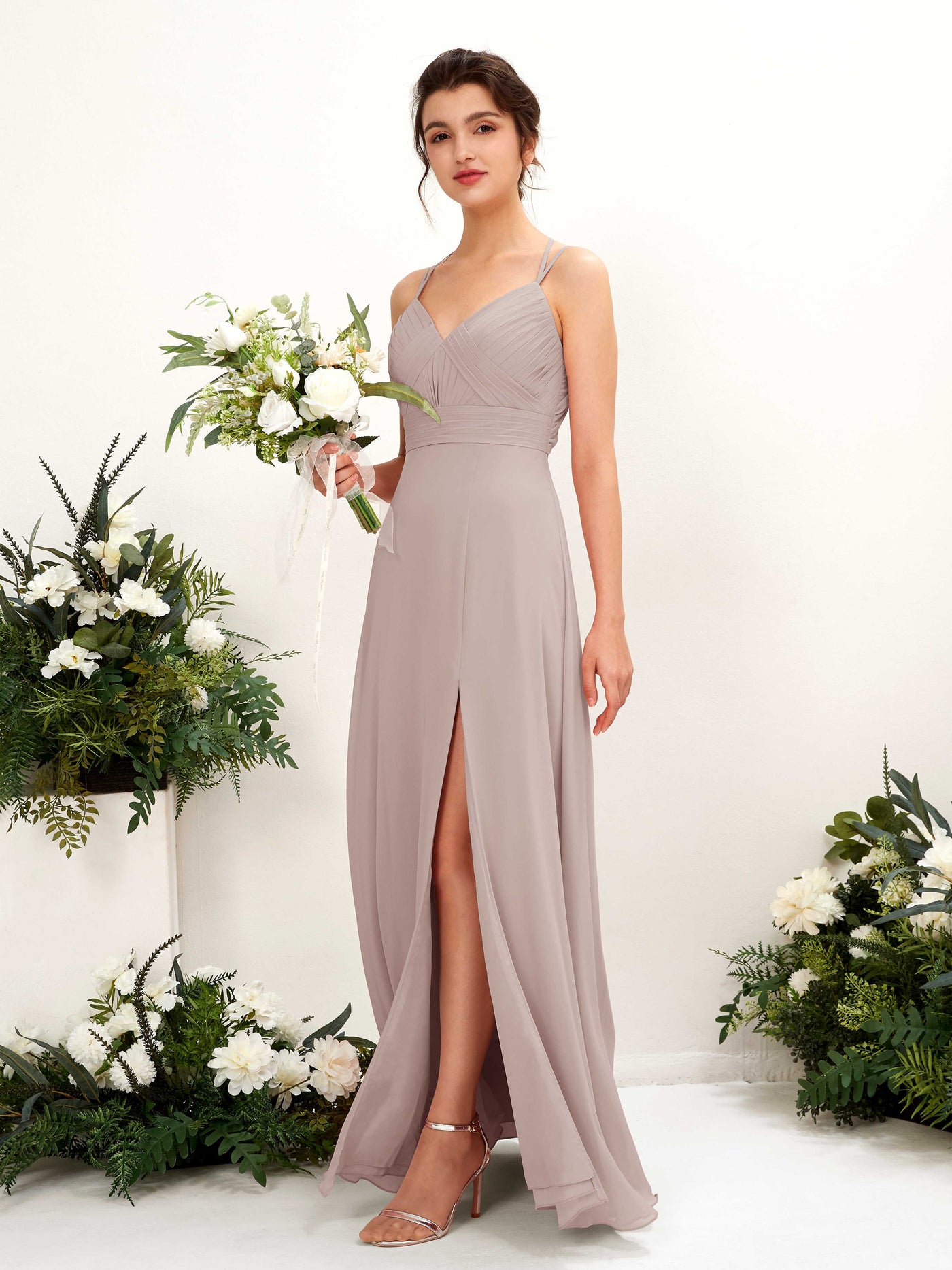 Straps V-neck Sleeveless Chiffon Bridesmaid Dress - Taupe (81225424)#color_taupe
