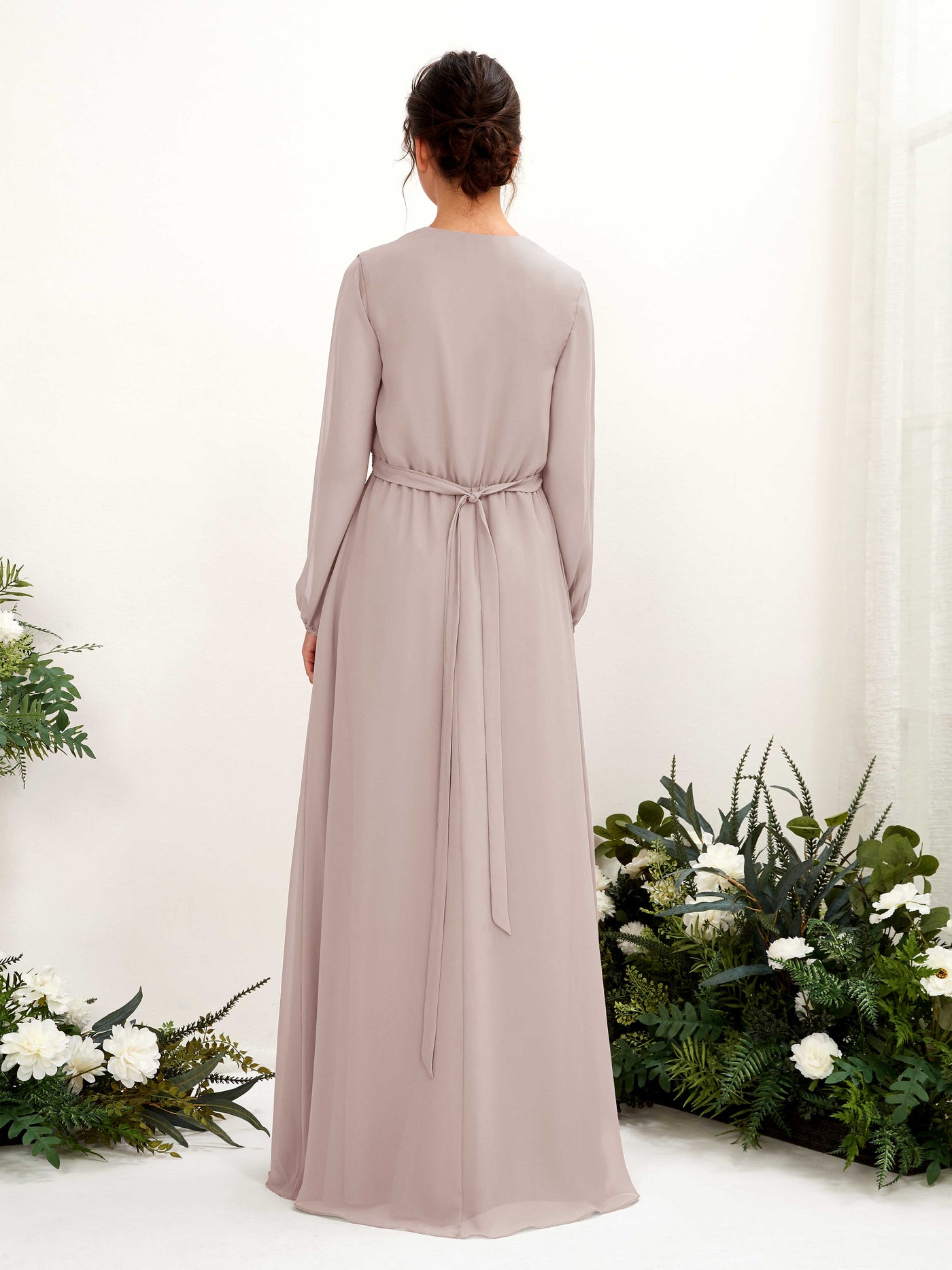 V-neck Long Sleeves Chiffon Bridesmaid Dress - Taupe (81223224)#color_taupe
