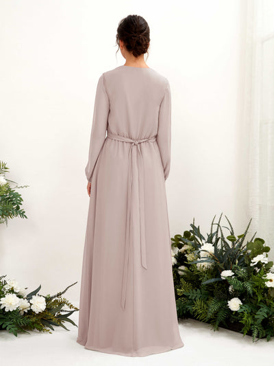 Carlyna Elsie A-Line Taupe Bridesmaid Dress Maxi Long Sleeve V-Neck Back View #color_taupe