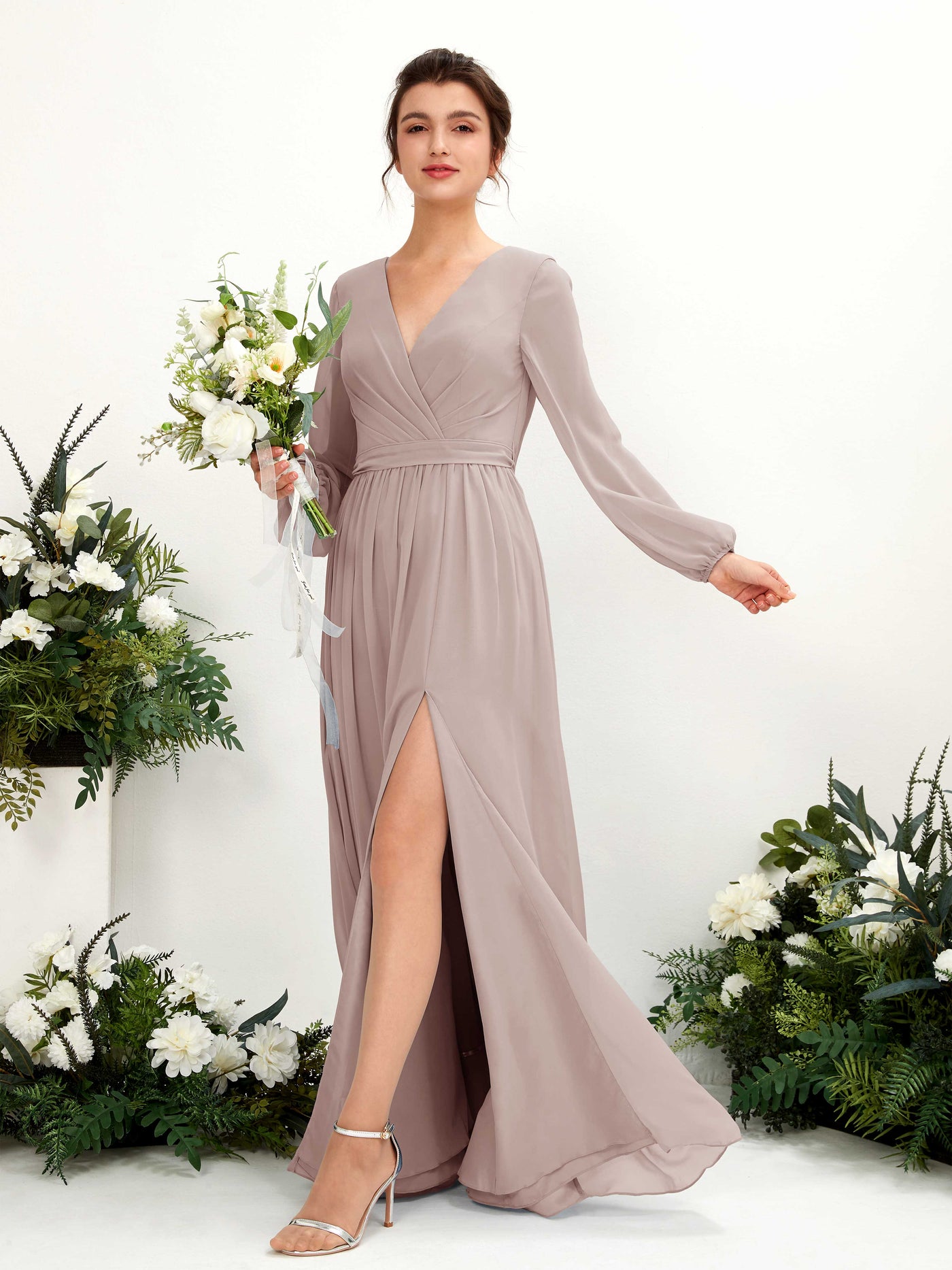 V-neck Long Sleeves Chiffon Bridesmaid Dress - Taupe (81223824)#color_taupe