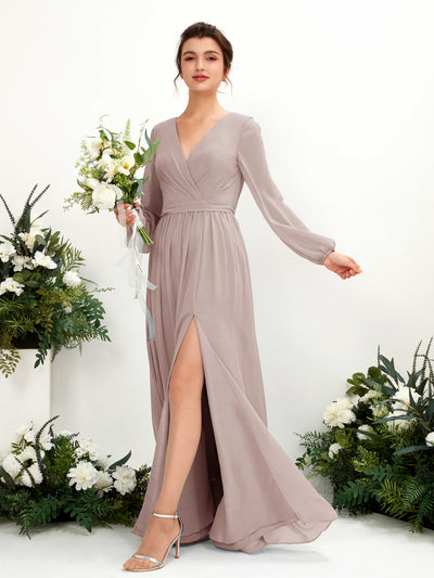 Carlyna Ginny A-Line Taupe Bridesmaid Dress Maxi Long Sleeve V-Neck Front View #color_taupe