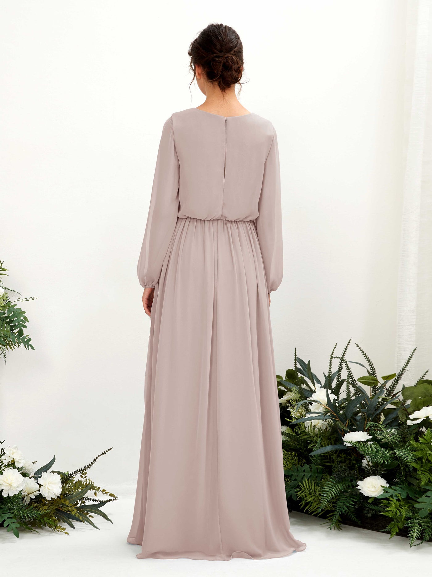 V-neck Long Sleeves Chiffon Bridesmaid Dress - Taupe (81223824)#color_taupe