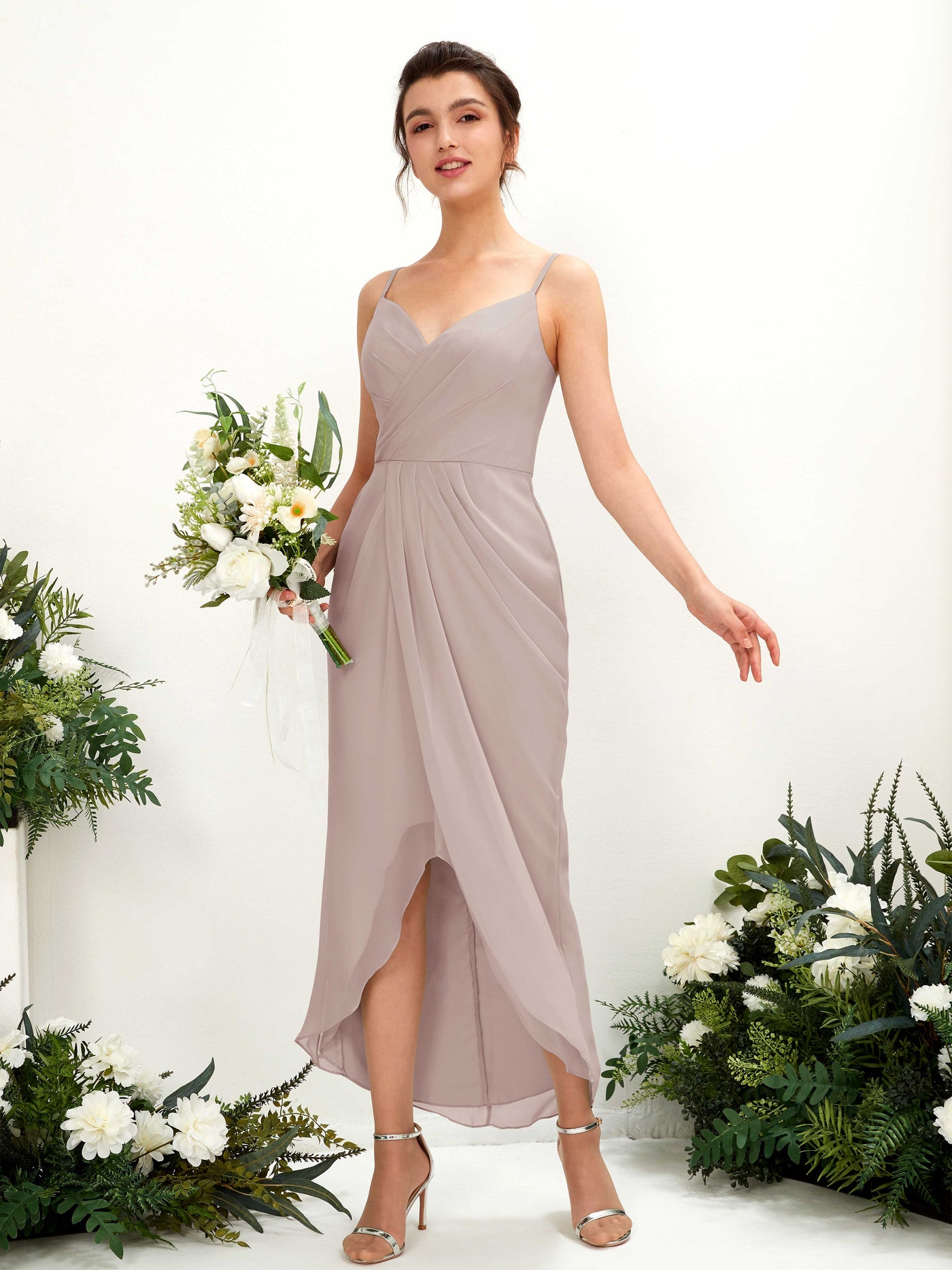 Spaghetti-straps V-neck Sleeveless Chiffon Bridesmaid Dress - Taupe (81221324)#color_taupe