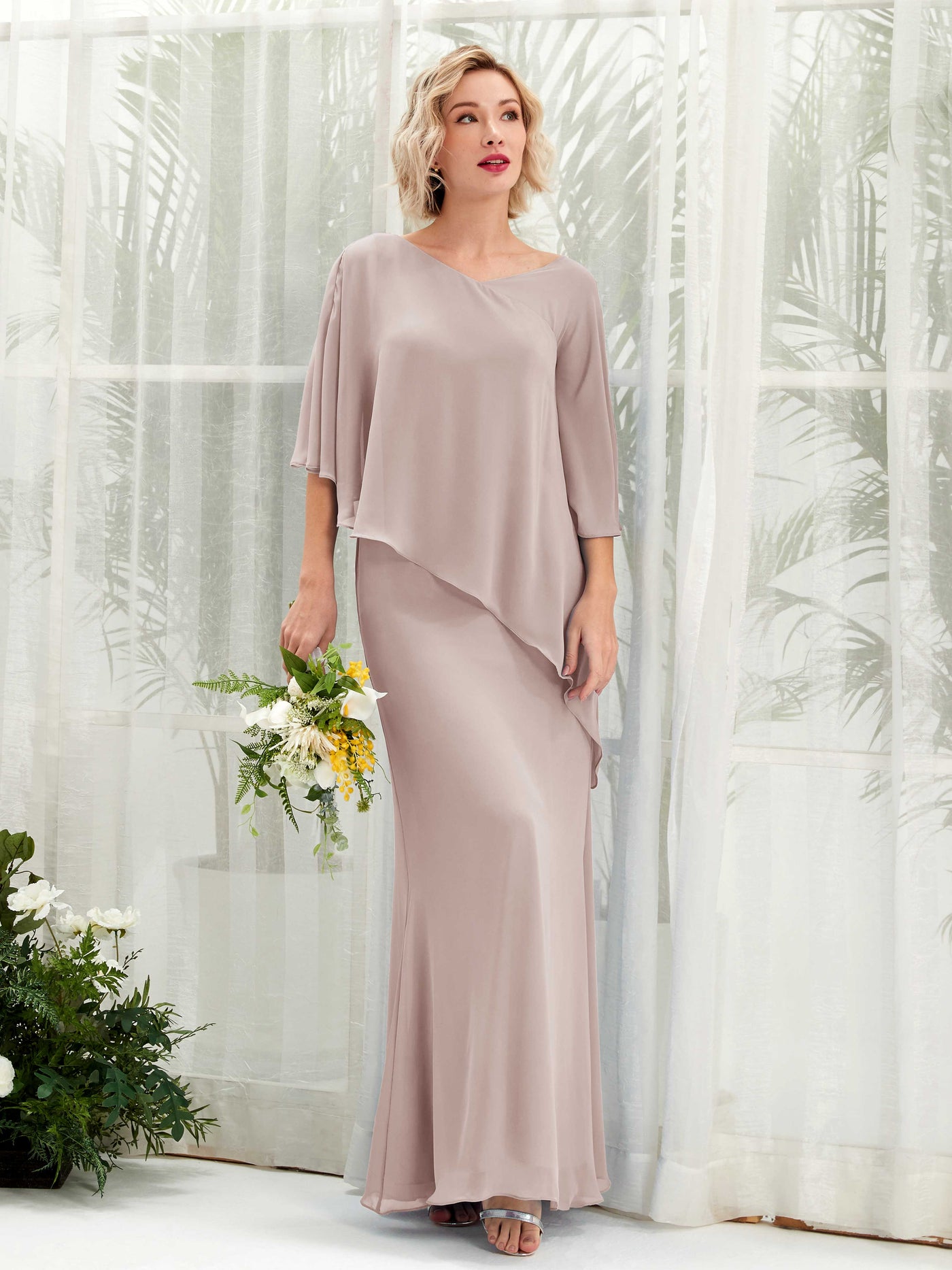 V-neck 3/4 Sleeves Chiffon Bridesmaid Dress - Taupe (81222524)#color_taupe
